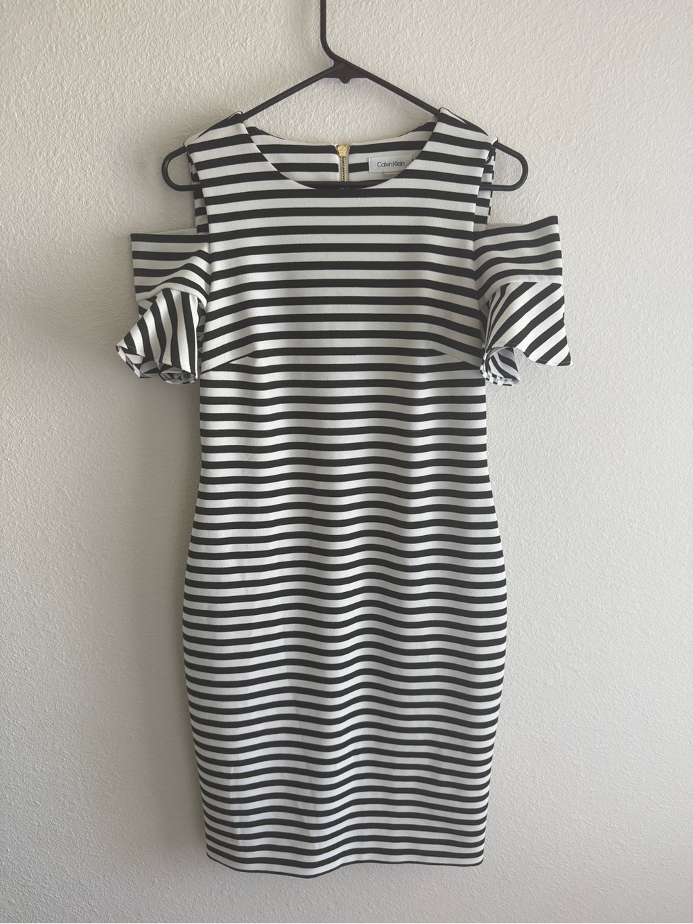 Calvin Klein Black and White Striped Cold-Shoulder Sheath Dress